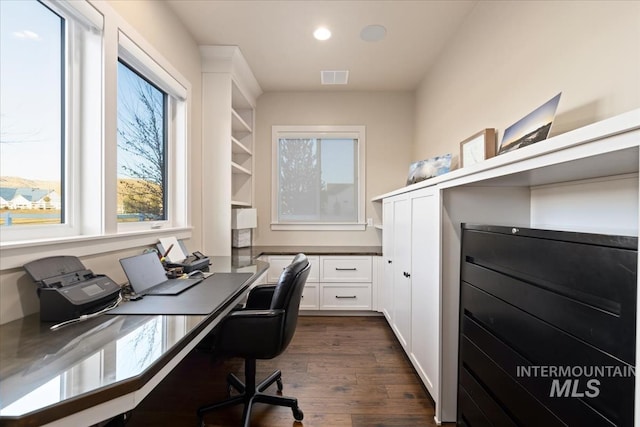 office space with dark hardwood / wood-style flooring