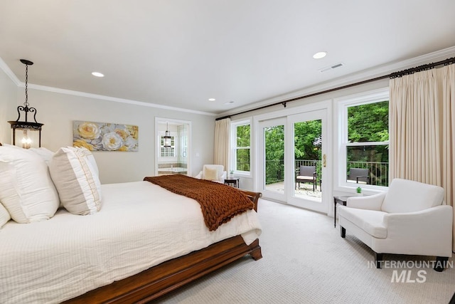 2417 E Brigantine Ct, Eagle, ID 83616 - bedroom featuring access to exterior, crown molding, multiple windows, light carpet, and recessed lighting