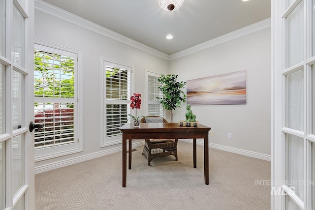 2417 E Brigantine Ct, Eagle, ID 83616 - office with carpet floors, crown molding, baseboards, and recessed lighting
