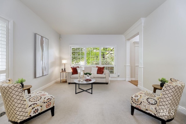 2417 E Brigantine Ct, Eagle, ID 83616 - carpeted living area featuring baseboards and ornate columns