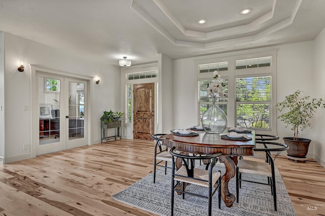 352 N Panorama Pl, Boise, ID 83702 - dining area with plenty of natural light, wood finished floors, french doors, a raised ceiling, and recessed lighting