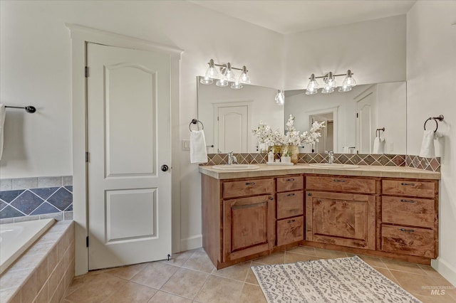 352 N Panorama Pl, Boise, ID 83702 - bathroom featuring tile patterned flooring, double vanity, tasteful backsplash, and a relaxing tiled tub