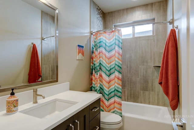 full bath featuring toilet, shower / bath combination with curtain, and vanity