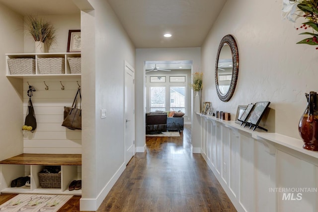 mudroom featuring ceiling fan, baseboards, dark wood-type flooring, and recessed lighting