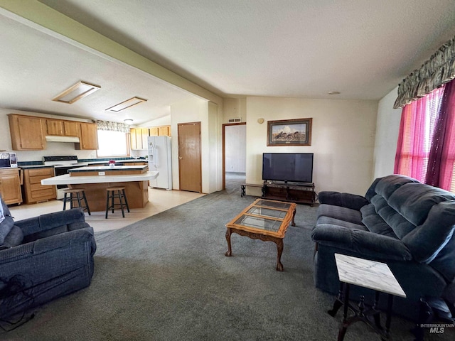 664 Lawrence Ln, Weiser, ID 83672 - living area featuring vaulted ceiling, light colored carpet, a textured ceiling, and attic access
