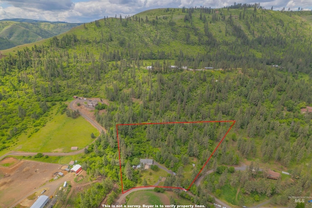 1745 Gibler Rd, Kamiah, ID 83536 - aerial view of property and surrounding area featuring a heavily wooded area, property boundaries highlighted, and a mountain backdrop