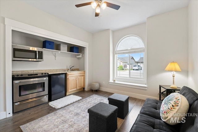 living room featuring baseboards, a ceiling fan, wet bar, and dark wood-type flooring