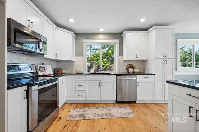 1803 E Danmor Dr, Boise, ID 83712 - kitchen featuring stainless steel appliances, a sink, healthy amount of natural light, dark countertops, and a textured ceiling