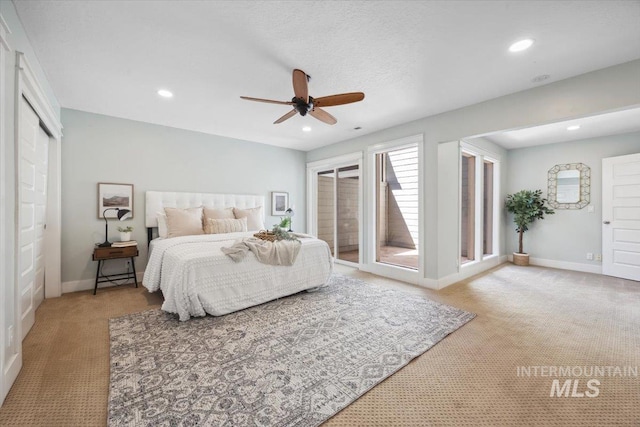 1803 E Danmor Dr, Boise, ID 83712 - carpeted bedroom with baseboards, recessed lighting, access to outside, and a ceiling fan