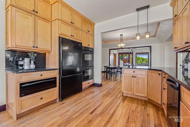 4997 N Brookside Ln, Boise, ID 83714 - kitchen with black appliances, a warming drawer, light wood-style floors, backsplash, and light brown cabinets