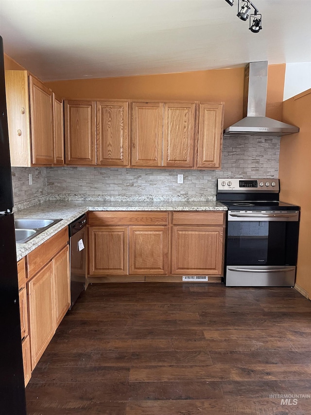 825 S 12th E, Mountain Home, ID 83647 - kitchen with stainless steel electric stove, wall chimney range hood, dishwashing machine, tasteful backsplash, and dark wood-type flooring
