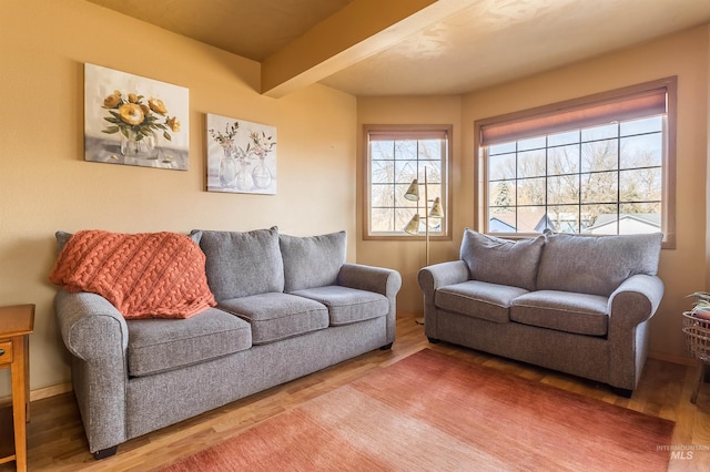 living area featuring beamed ceiling, baseboards, and wood finished floors