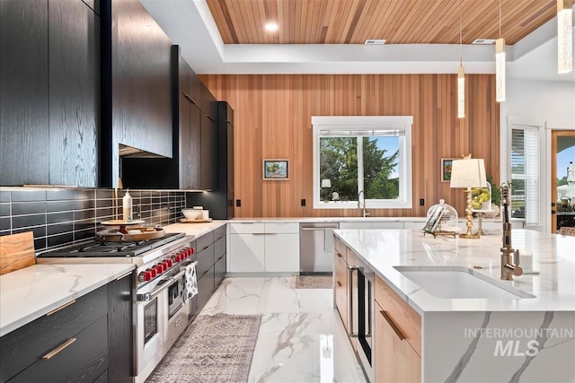 kitchen with decorative light fixtures, wooden ceiling, light stone counters, and appliances with stainless steel finishes