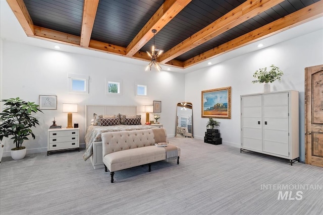 bedroom featuring a high ceiling, light carpet, and beamed ceiling