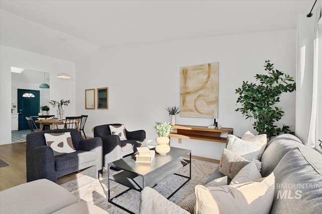 living room with lofted ceiling and wood finished floors