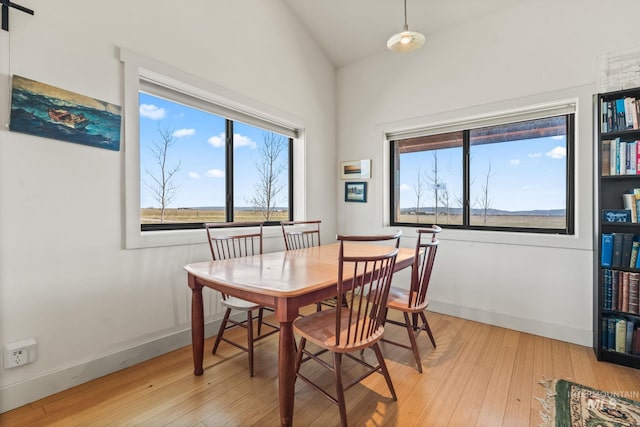 269 N 100 E, Fairfield, ID 83327 - dining area with light wood finished floors, healthy amount of natural light, baseboards, and high vaulted ceiling