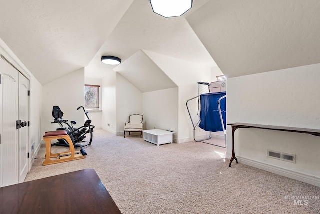 exercise area featuring light carpet, lofted ceiling, and a textured ceiling