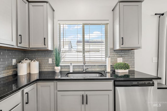 kitchen with sink, dark stone counters, dishwasher, and backsplash