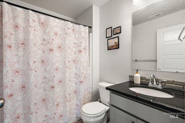 bathroom featuring toilet, vanity, and a textured ceiling