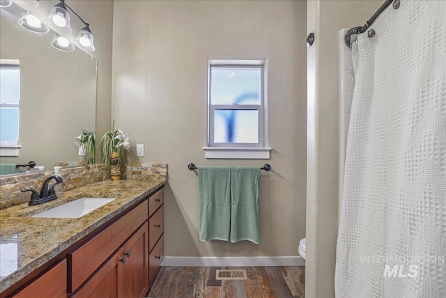 628 Pioneer Mountain Loop, Jerome, ID 83338 - bathroom with vanity, wood finished floors, baseboards, toilet, and plenty of natural light