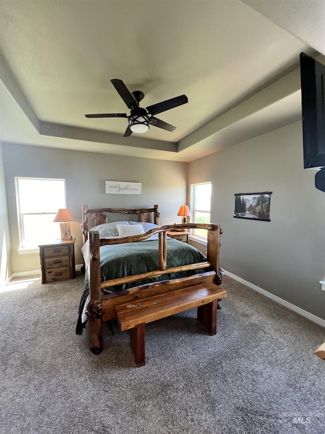628 Pioneer Mountain Loop, Jerome, ID 83338 - bedroom with a tray ceiling, carpet flooring, baseboards, and a ceiling fan