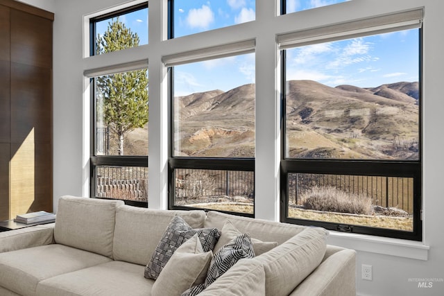 interior space with a mountain view