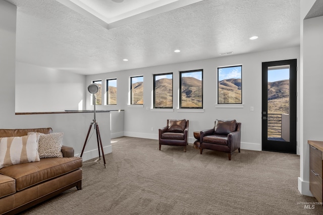 sitting room with carpet floors, recessed lighting, a textured ceiling, and baseboards