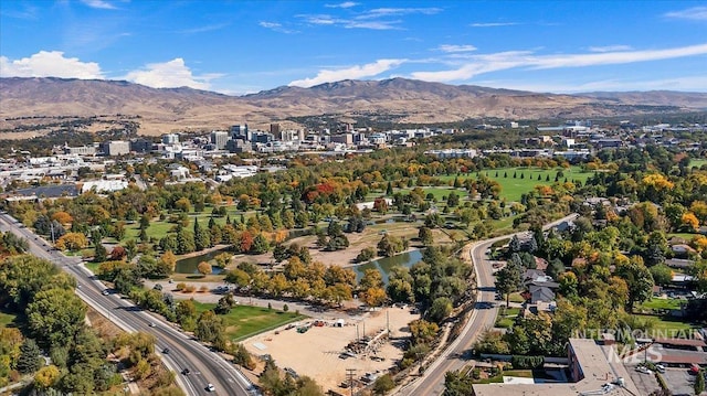 drone / aerial view featuring a mountain view