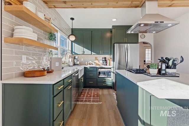 kitchen with hanging light fixtures, stainless steel appliances, dark hardwood / wood-style floors, green cabinetry, and island exhaust hood