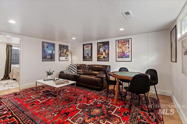 living room with hardwood / wood-style floors and a textured ceiling