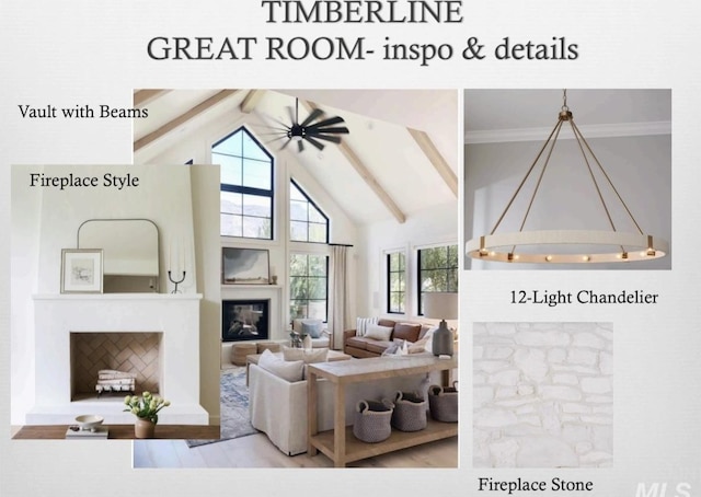 living area with beam ceiling, a fireplace, and high vaulted ceiling