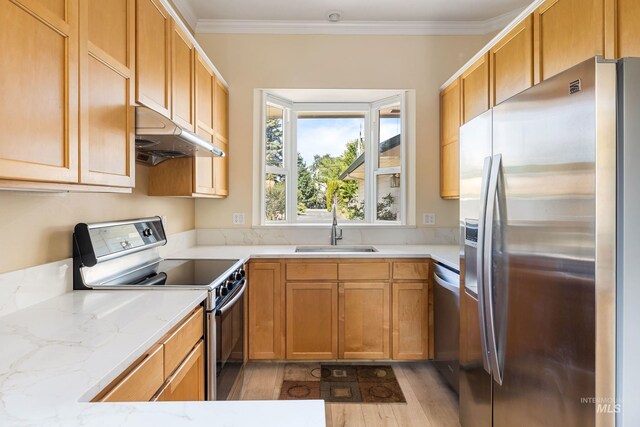 2072 N 28th St, Boise, ID 83702 - kitchen featuring appliances with stainless steel finishes, under cabinet range hood, a sink, light wood finished floors, and crown molding