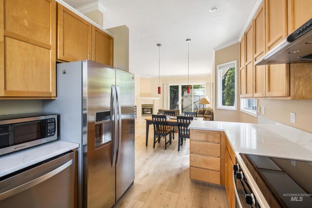 2072 N 28th St, Boise, ID 83702 - kitchen featuring appliances with stainless steel finishes, light wood-style floors, under cabinet range hood, crown molding, and open floor plan