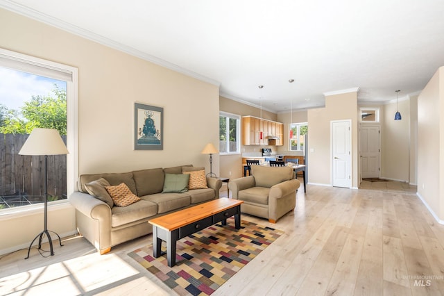 2072 N 28th St, Boise, ID 83702 - living room featuring light wood-style flooring, baseboards, and crown molding