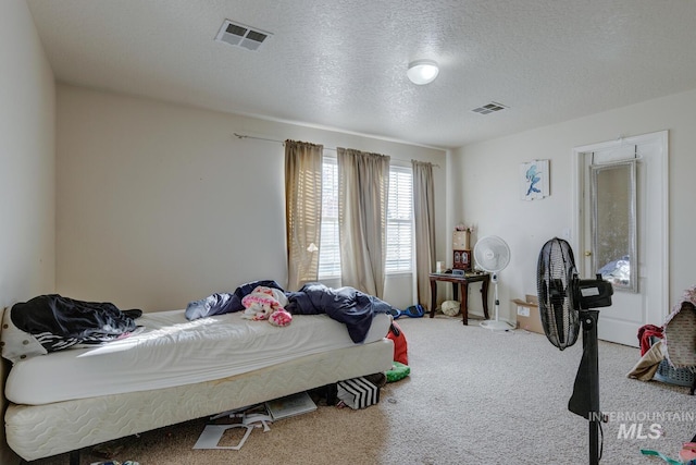 bedroom with carpet flooring and a textured ceiling