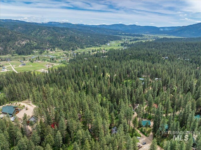 drone / aerial view with a mountain view and a wooded view