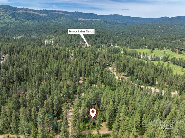 birds eye view of property featuring a mountain view and a wooded view