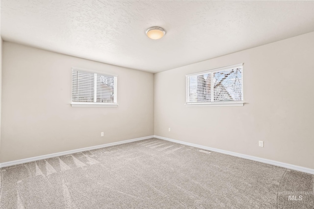 empty room with baseboards, plenty of natural light, carpet, and a textured ceiling