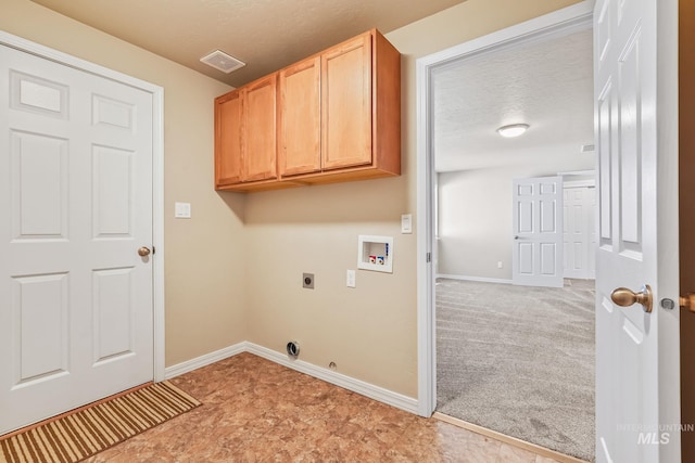 laundry area with baseboards, washer hookup, light carpet, electric dryer hookup, and a textured ceiling