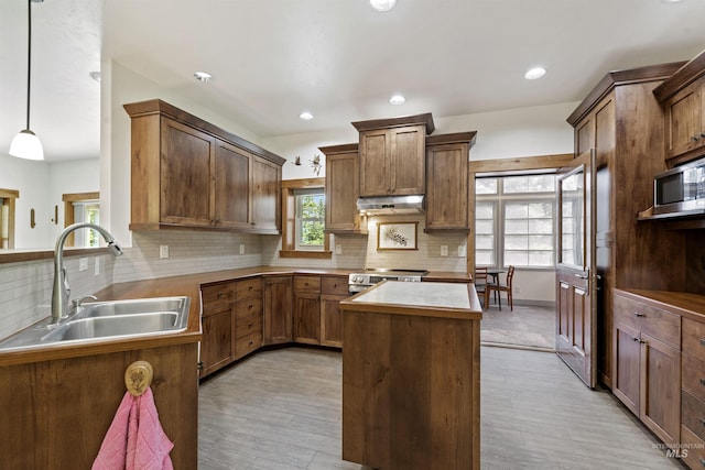 1649 Bear Trl, Donnelly, ID 83615 - kitchen with under cabinet range hood, stainless steel appliances, light wood finished floors, decorative backsplash, and recessed lighting