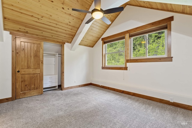 1649 Bear Trl, Donnelly, ID 83615 - unfurnished bedroom with carpet flooring, vaulted ceiling, wood ceiling, a ceiling fan, and a closet