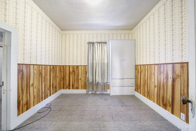 unfurnished room featuring wood walls, carpet floors, and a textured ceiling