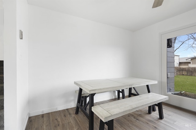 dining room with ceiling fan and light hardwood / wood-style floors