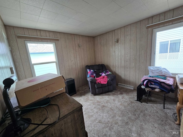 interior space with wooden walls and a baseboard radiator