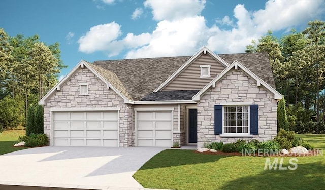 view of front of property with a shingled roof, stone siding, a garage, concrete driveway, and a front lawn