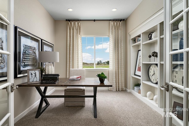 office with recessed lighting, baseboards, and carpet floors