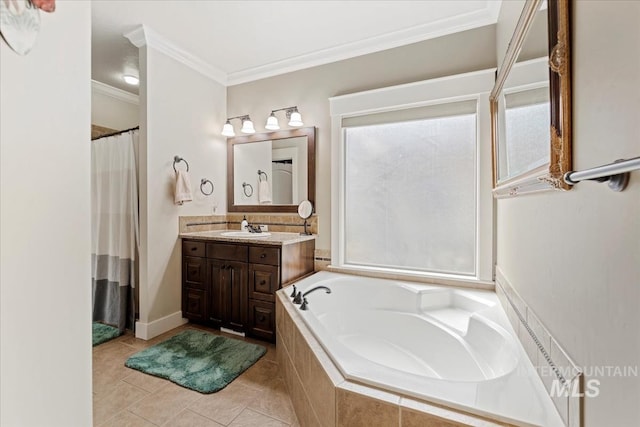 bathroom featuring tile patterned flooring, vanity, a garden tub, and ornamental molding