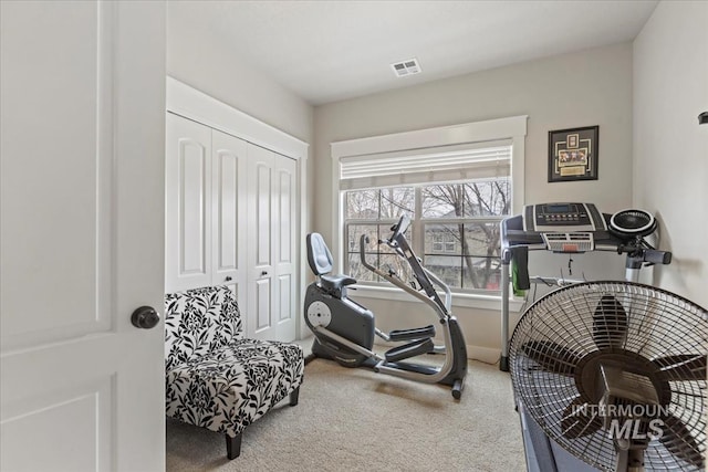 exercise room featuring visible vents and carpet floors