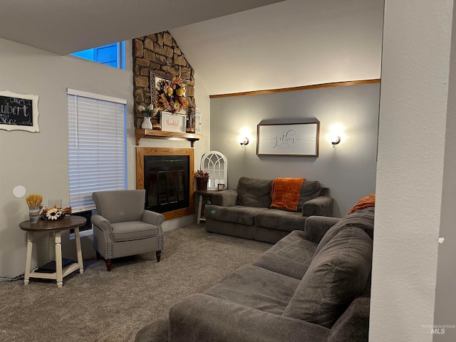 carpeted living room featuring lofted ceiling and a fireplace