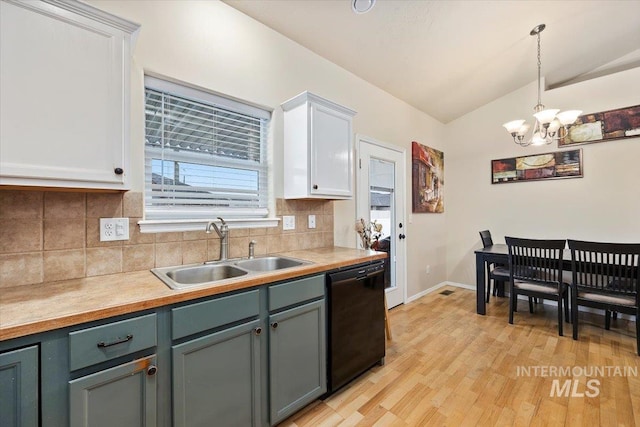 kitchen featuring white cabinets, sink, pendant lighting, lofted ceiling, and dishwasher